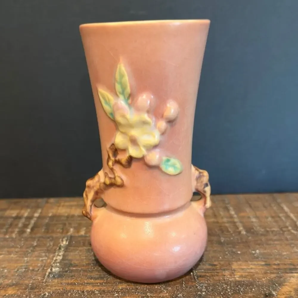 Vintage Roseville Apple Blossom Pink Art Pottery Vase 1940's Mid Century Modern